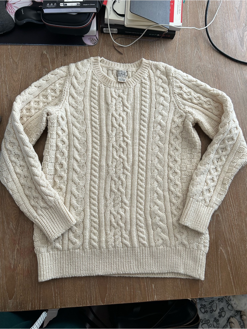 L.L. Bean Women’s Aran Cable Crewneck Sweater In Cream